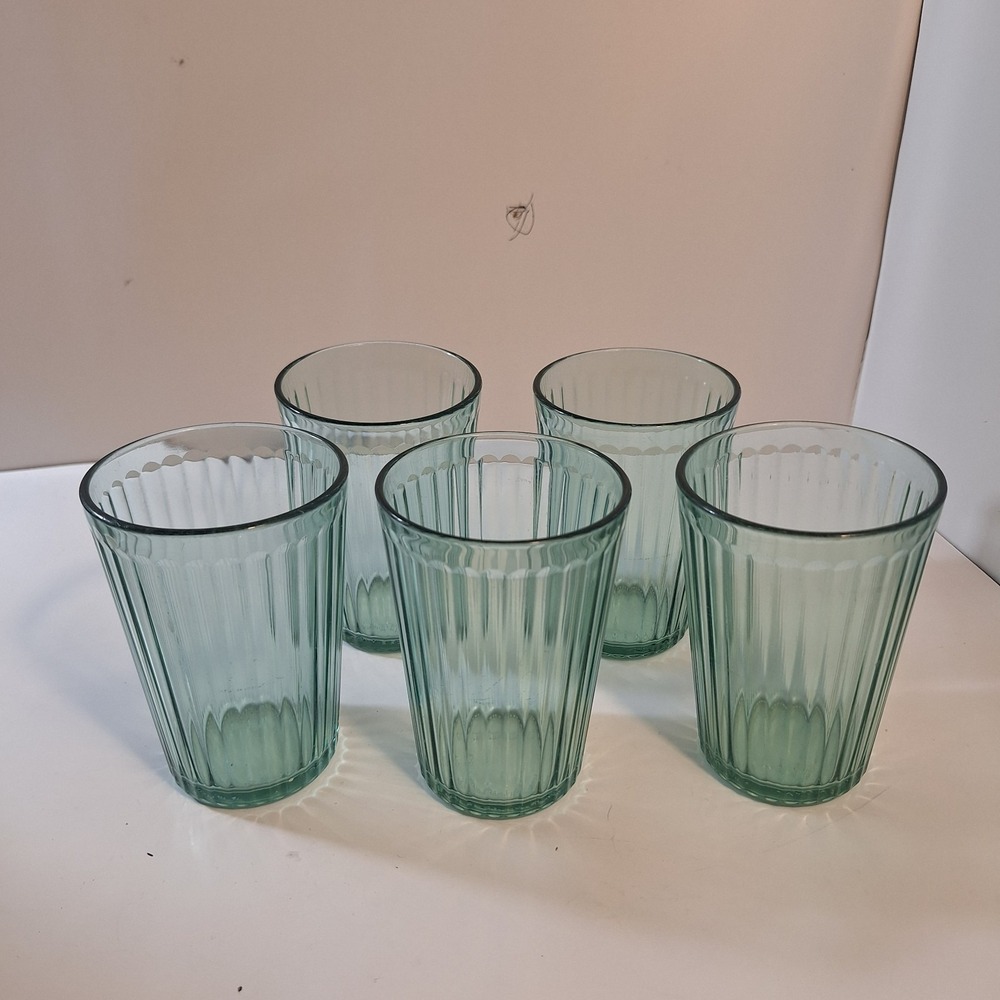 IKEA Green Ribbed Drinking Glasses Tumblers KALLNA Made in FRANCE 5 Glasses